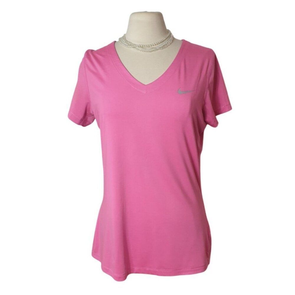 Nike Womens Athletic Top XL Pink V-Neck Dri-Fit Soft Stretchy Jersey Sport Chic